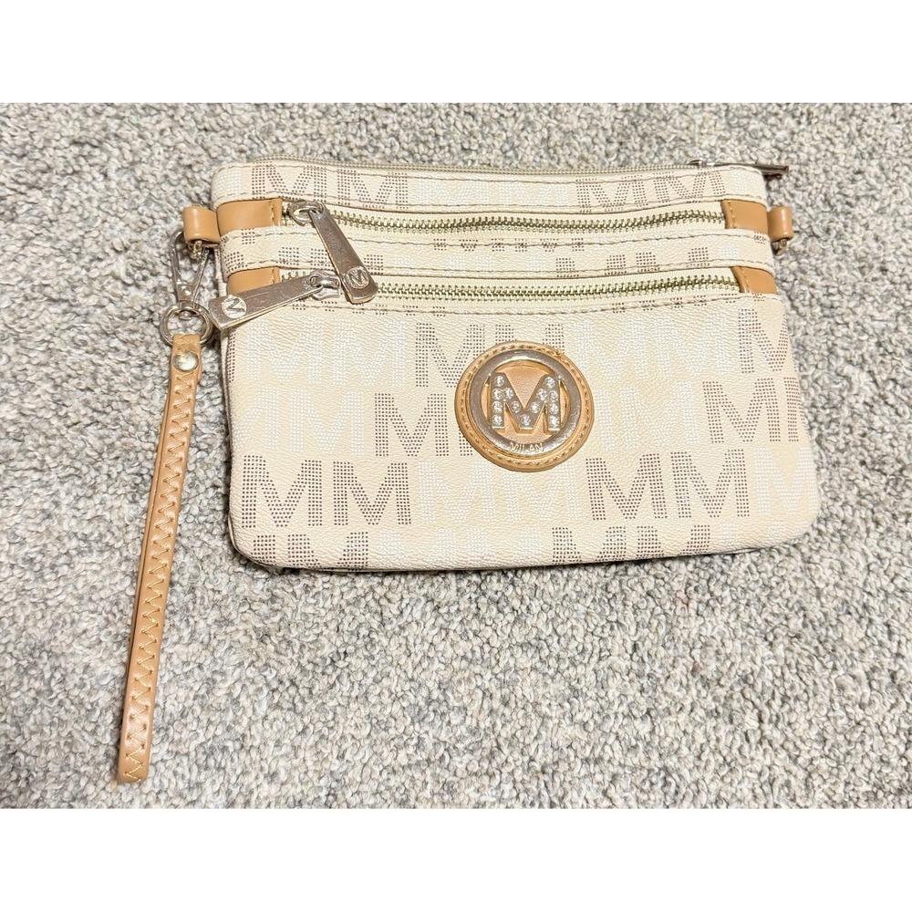 Milan Wristlet Wallet Beige MM Logo Zip Clutch Pouch Multi Pocket